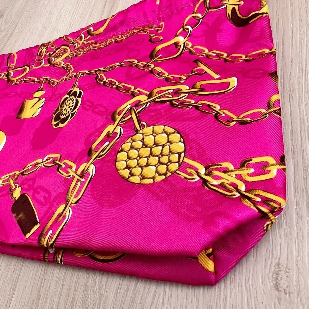 Estee Lauder Fuchsia Pink Gold Chain 90s Pattern Drawstring Makeup Bag
